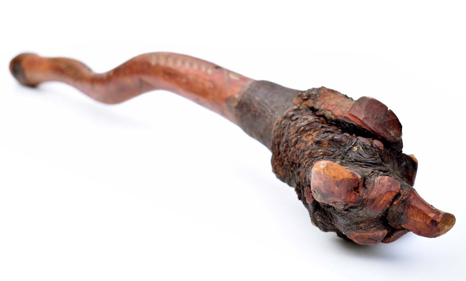 22" Early Penobscot Indian War Club - 1800s Maine - Red Dye - Chip Carved Handle