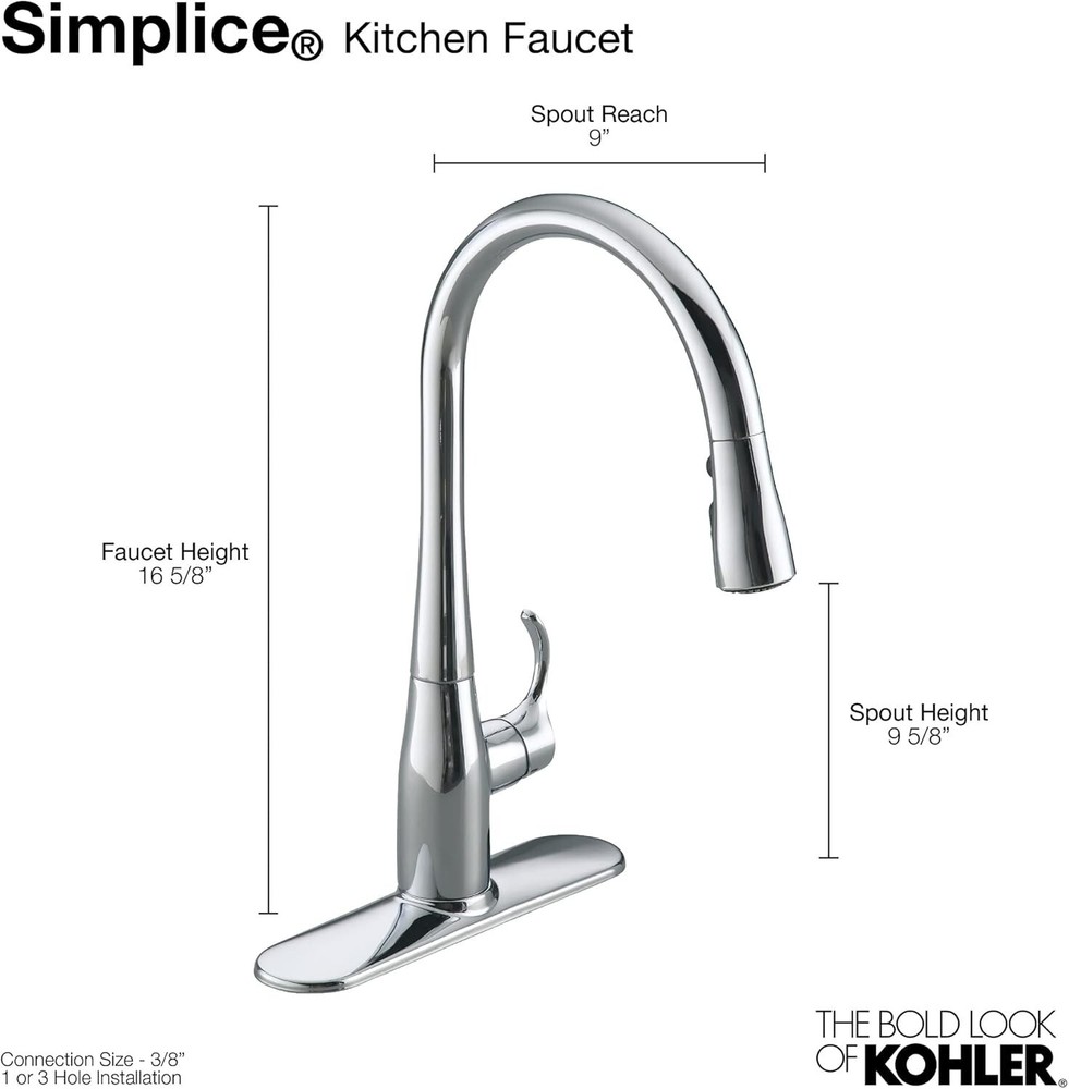 Kohler 596-VS Simplice Pull Down Kitchen Faucet 3-Spray Vibrant Stainless