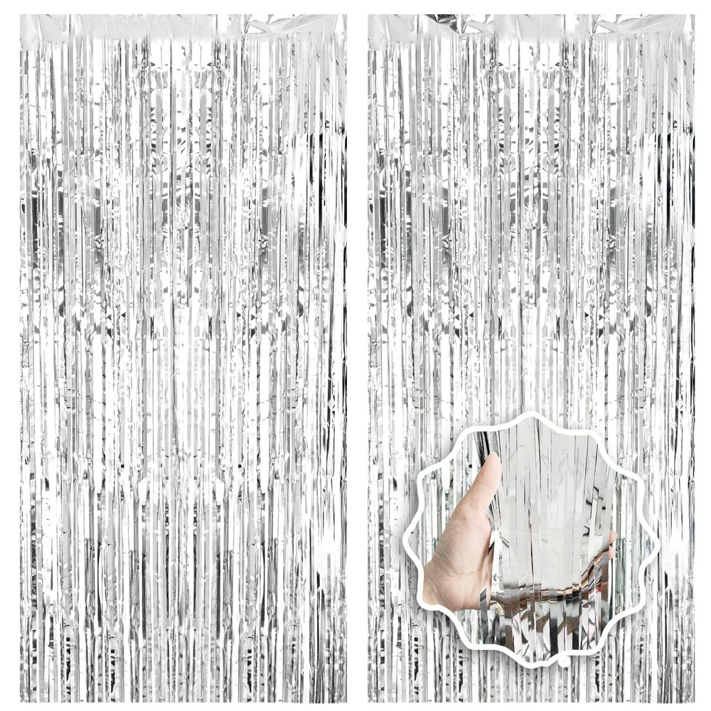 2 Pack Foil Curtain Backdrop Curtains Silver Tinsel Door Streamers
