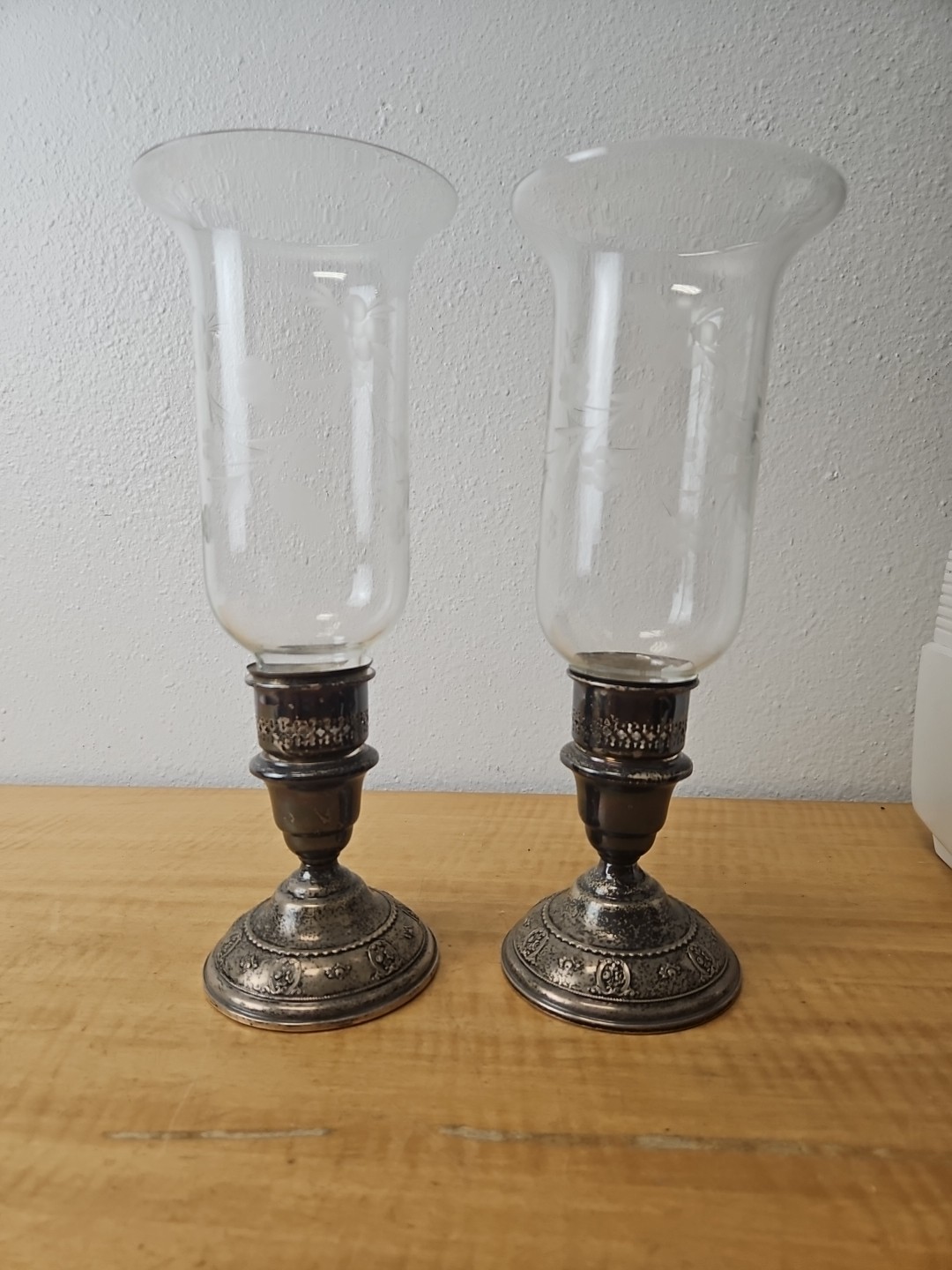 Pair Of Wallace 4640 Sterling & Glass Hurricane Candle Holders, Silver
