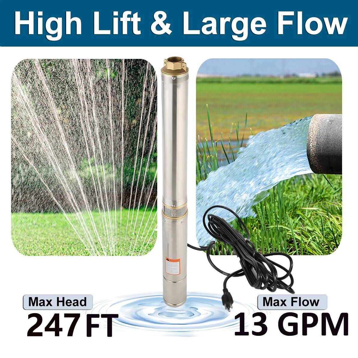 1 HP 3" Deep Well Submersible Pump, 110V, 60Hz, 13GPM, 247 ft Max,100ft Cord
