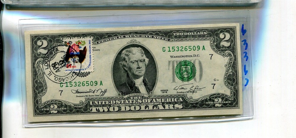 1976 $2 CHICAGO IL GREEN SEAL CURRENCY NOTE STAMPED CHICAGO ILLIINOIS LOOP
