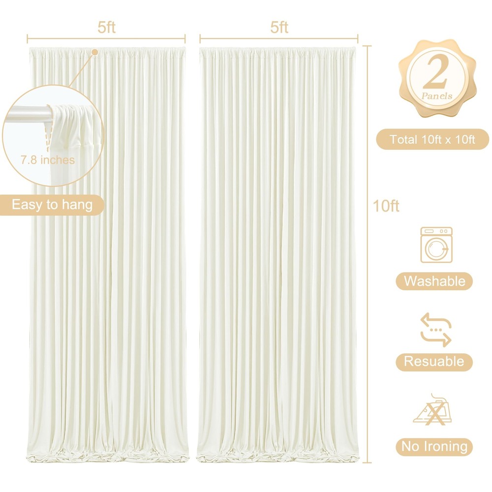 10 x 10ft Ivory Backdrop Curtains with Lights String Wrinkle-Free Polyester C...