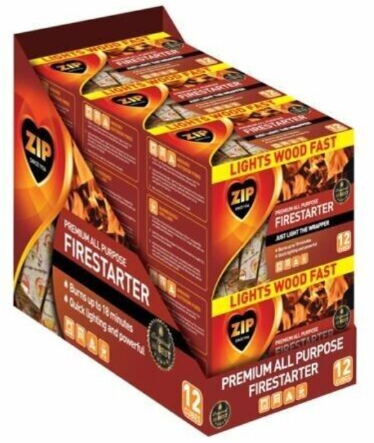Zip Firestarters Premium All Purpose Wrapped Fire Starters 12 Pack ( 3boxes)