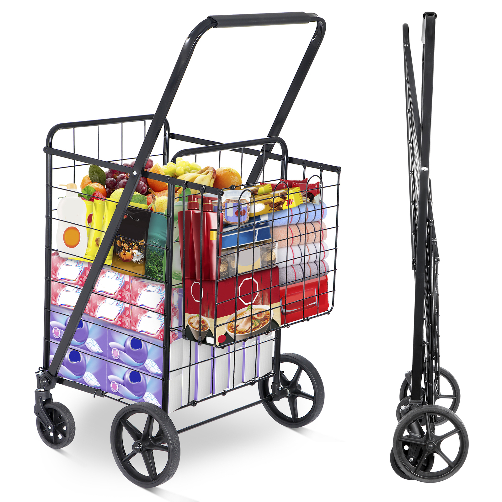 Folding Shopping Cart for Groceries Laundry with Wheels and Double Basket Black