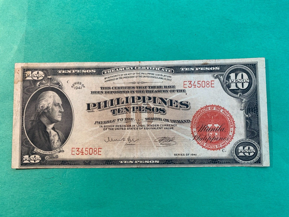 PHILIPPINES 1941 10 PESO TREASURY CERTIFICATE E34508E P-92a
