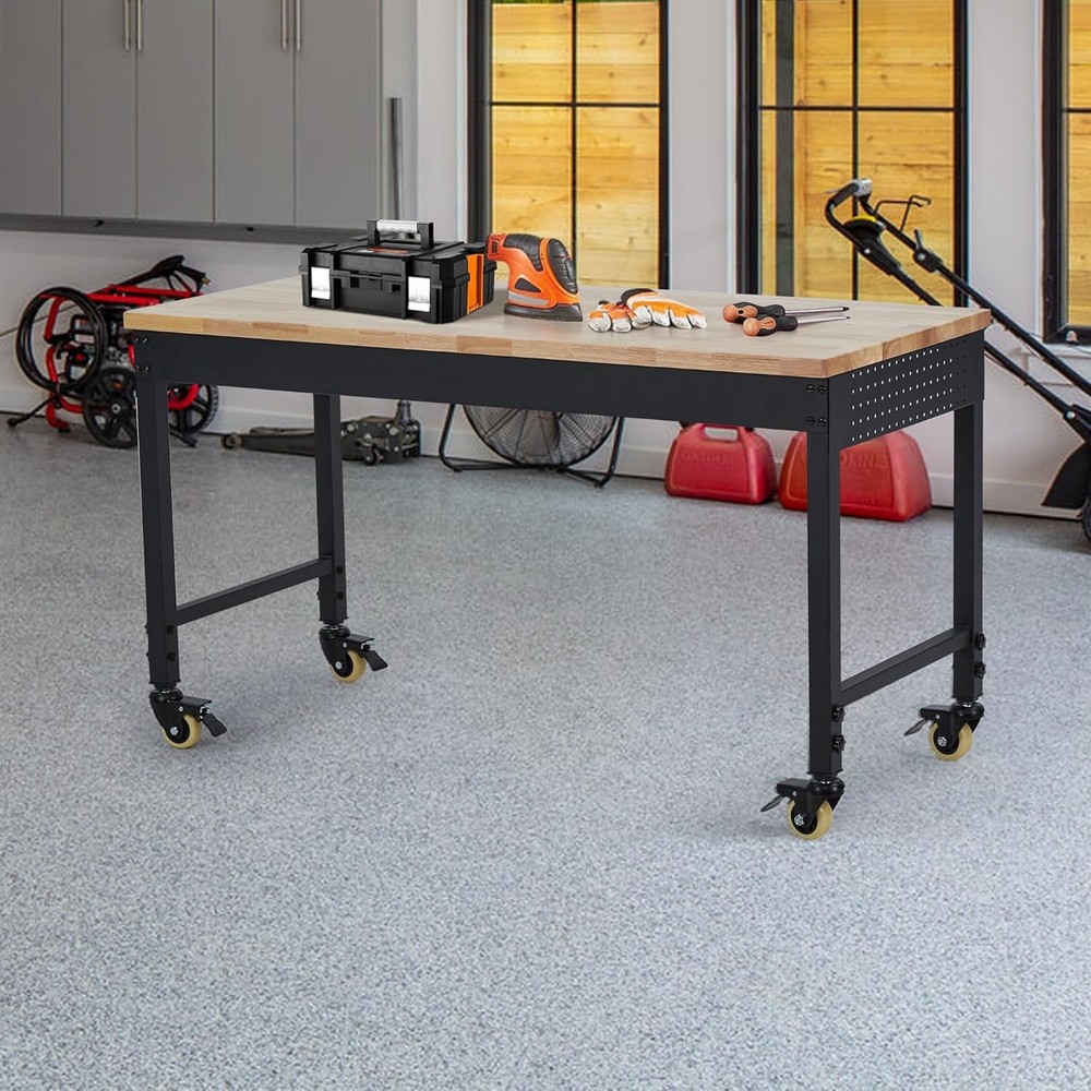 48"x24"Garage Workbench&Wheels&Power Strip Work Table|2000LBS Adjustable Height