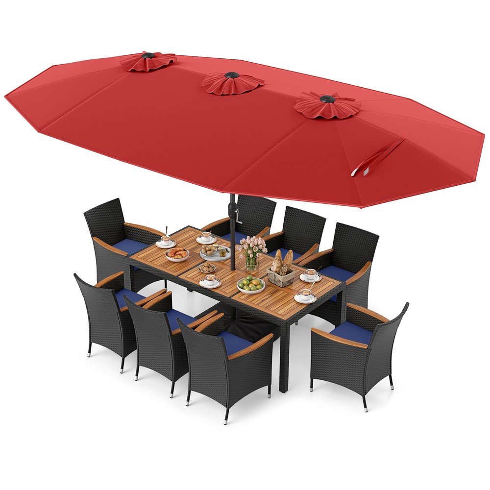 11 PCS Patio Wicker Dining Set w/Double-Sided Outdoor Umbrella 8 Stackable