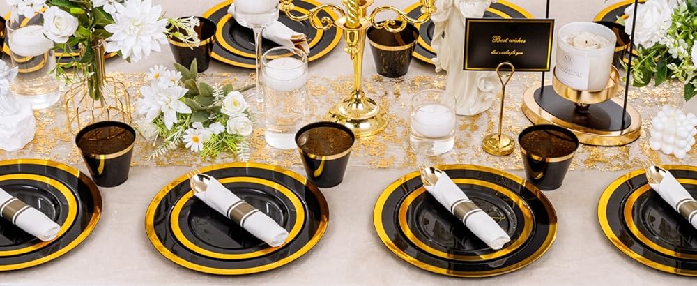 Bla and Gold Plastic Plates - Gold Disposable Dinnerware Sets for
