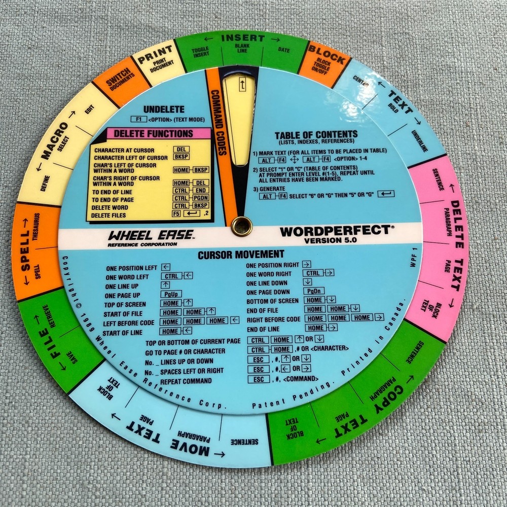 Wordperfect Version 5.0 Wheel Ease Quick Reference Guide Card Dial 1989 2 Sided