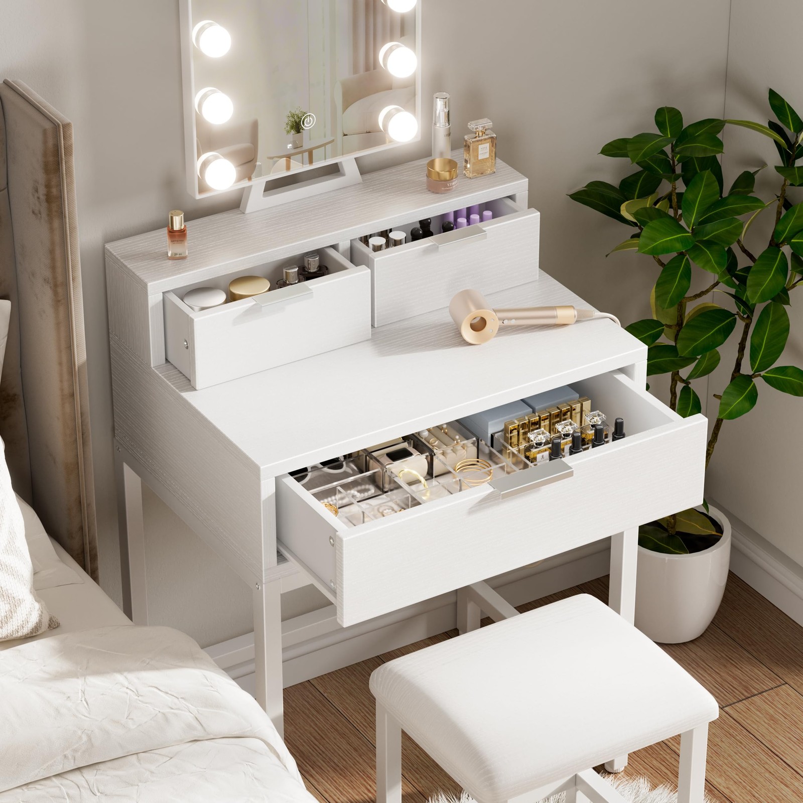 White Makeup Vanity Desk with Hollywood Mirror and Lights, Girls Vanity Set w...