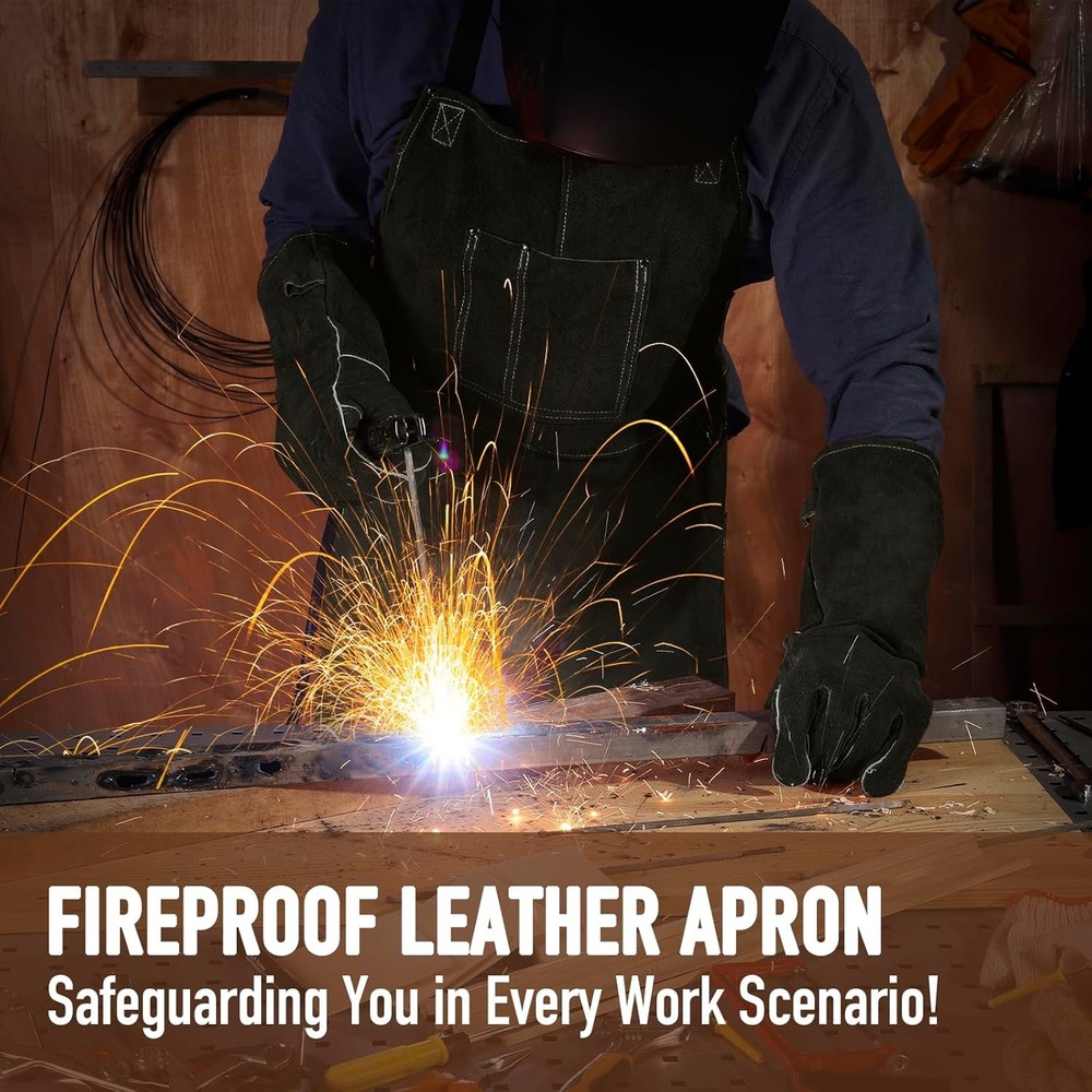 Leather Welding Work Apron - Heat Resistant & Flame Bib Black