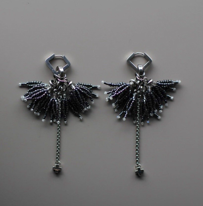 Handcrafted Beaded Dangle Earrings, Black Silver Tone