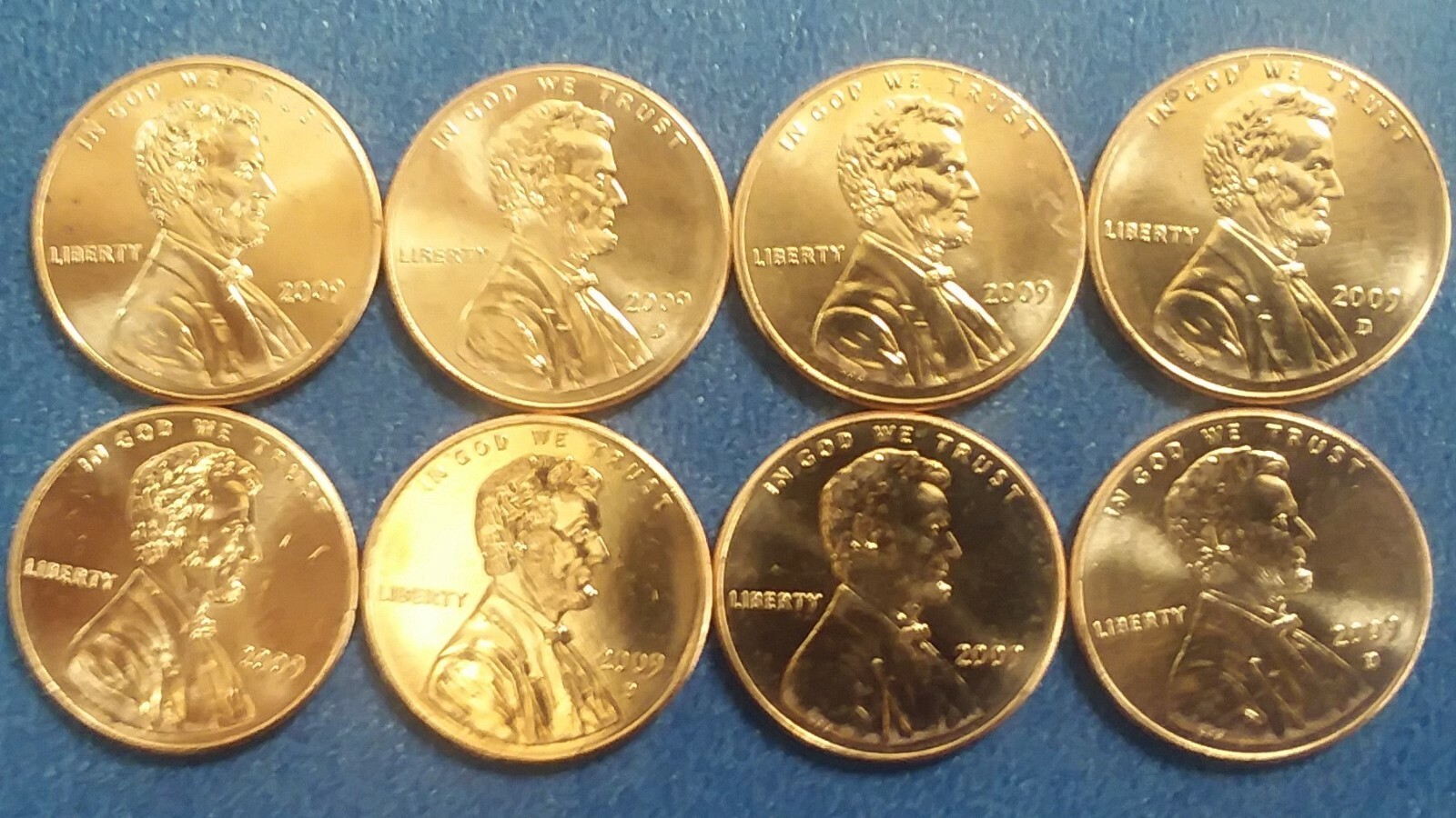 2009 Complete 8 coin set of BU Lincoln Cents, P&D Mint Marks. Free Shipping.