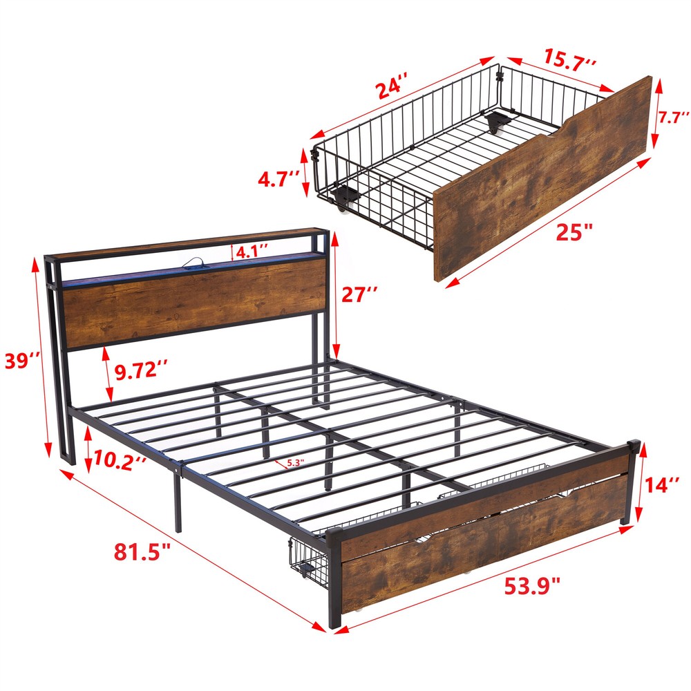 Full/Queen/King Size Bed Frame Metal Platform Bed with Charging Station US