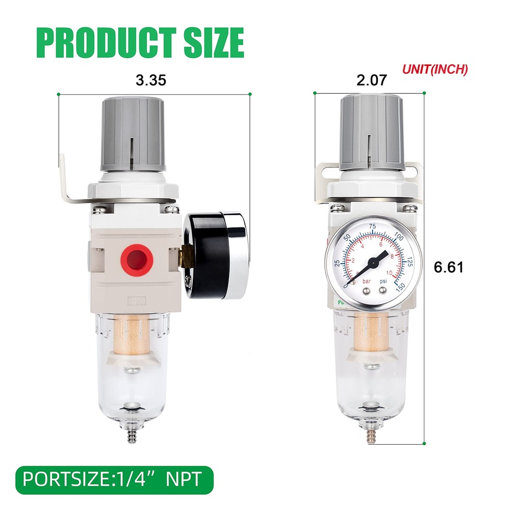1/4"NPT Compressed Air Filter Regulator Combo Air Compressor Water Separator