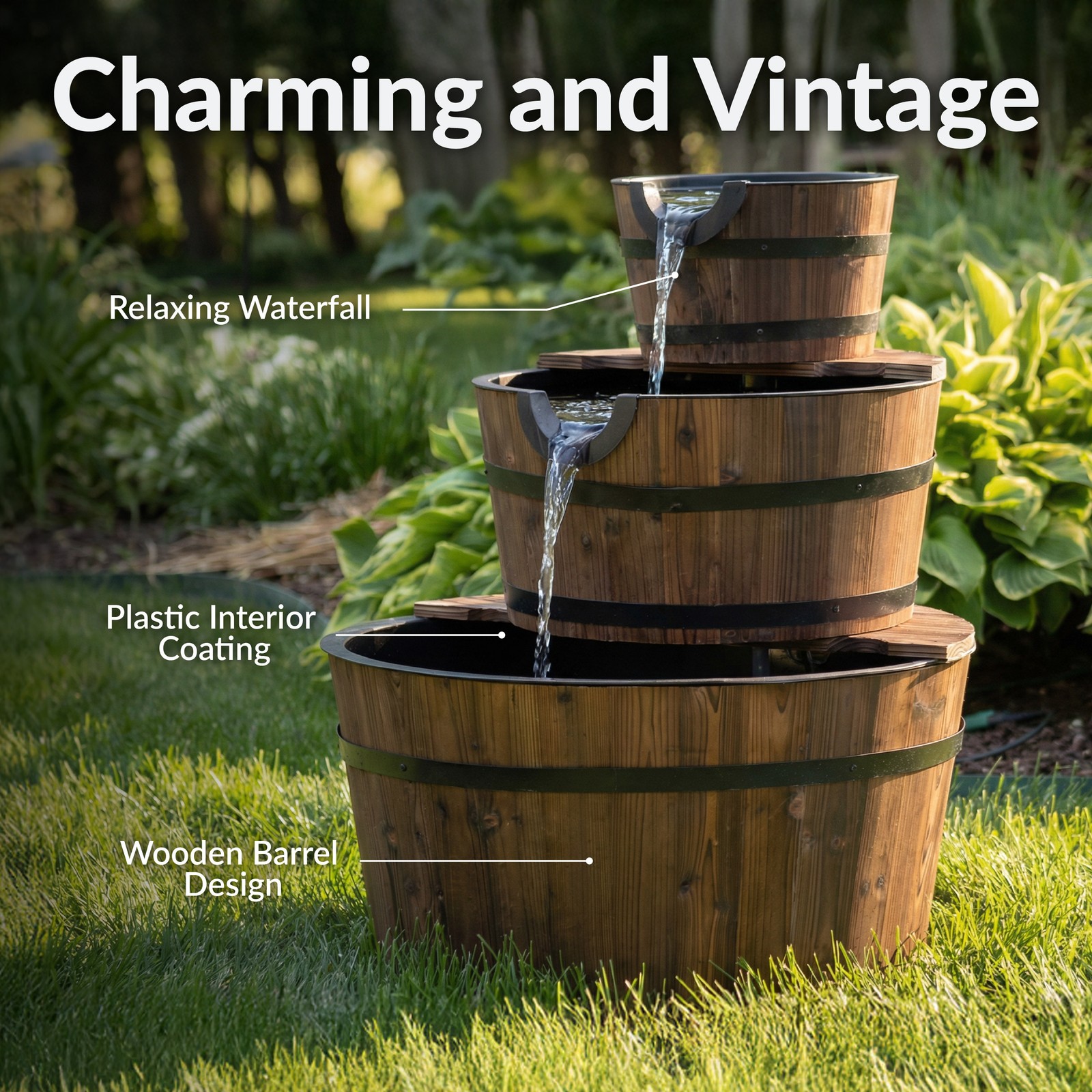 Sunnydaze 30-Inch Rustic 3-Tier Wooden Fir Water Fountain