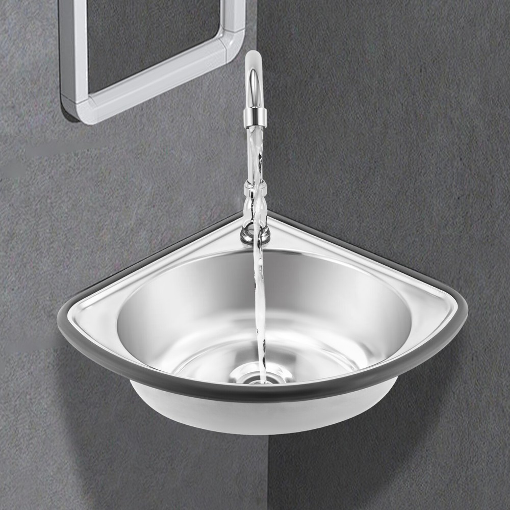 Stainless Triangular Sink w/Faucet & Drain Pipe Bathroom Kitchen Hand Basin Sink