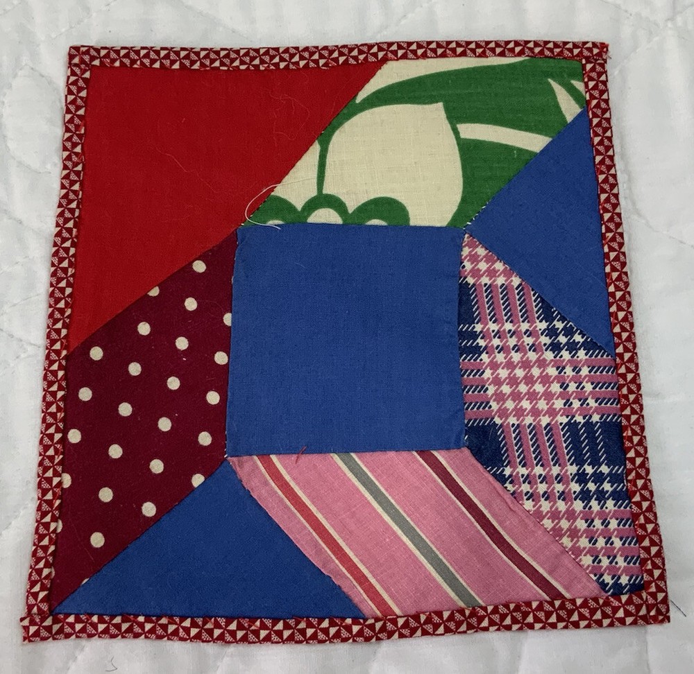 Vintage Patchwork Small Quilt Table Topper, Square, Diamonds, Royal Blue, Red