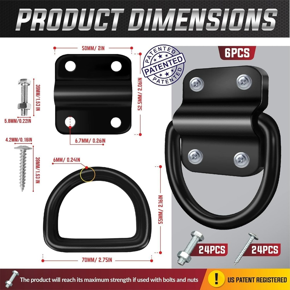 Professional Grade 6PC D-Ring Set - 3500LB Heavy Duty Hooks for Cargo Security