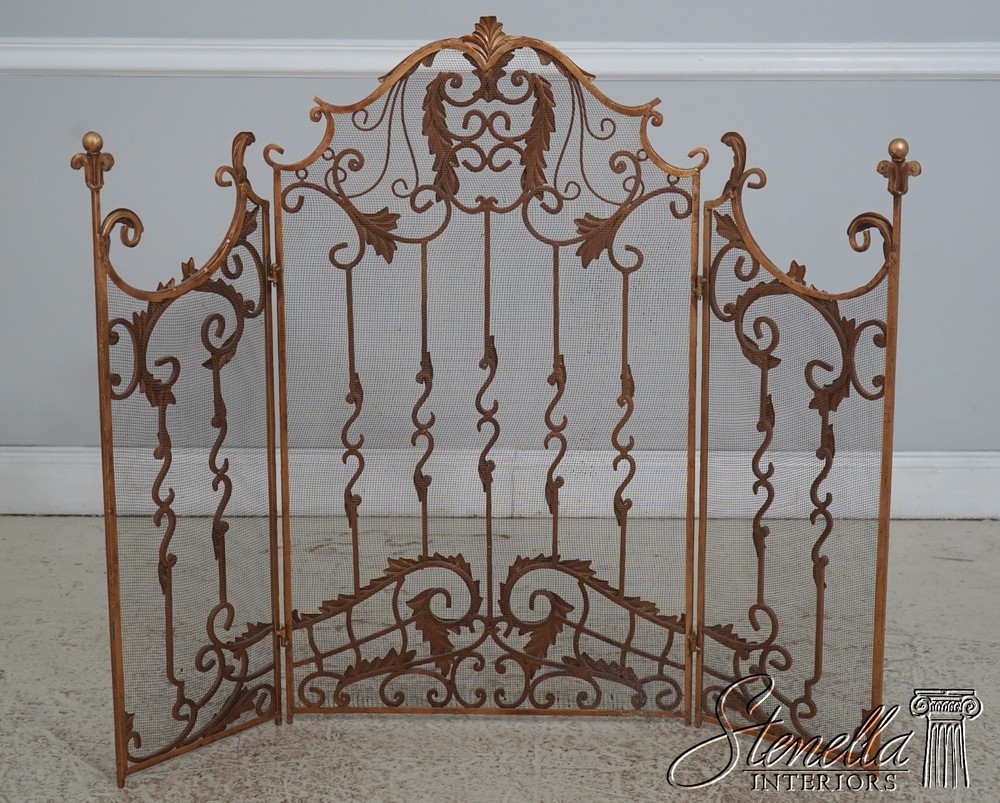 F72220: Vintage Three Panel Iron Frame Gold Painted Fireplace Screen