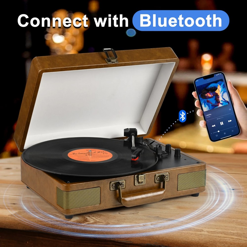 Record Player Turntable Portable Suitcase Vinyl Record Player Stereo Brown