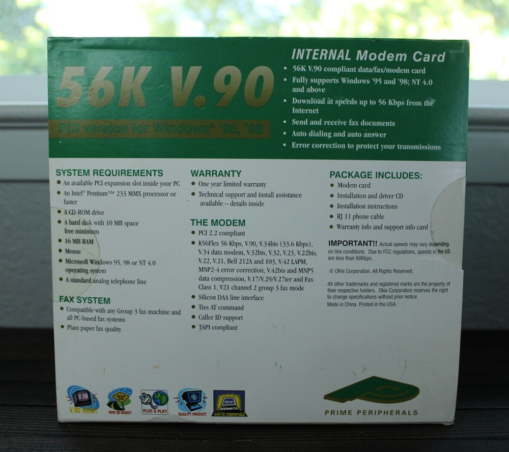 PRIME PERIPHERALS 56k V.90 Modem PCI Internal Faxmodem Model