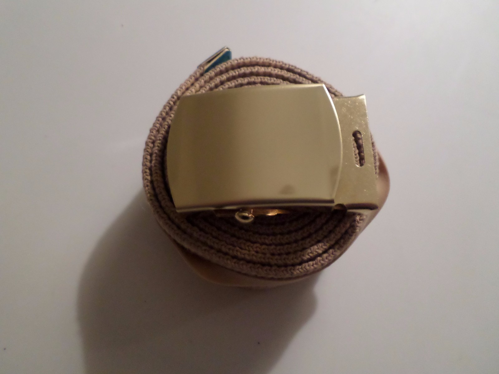 U.S MILITARY KHAKI WEB BELT WITH SOLID BRASS BUCKLE U.S.A MADE 54" HEAVY WEB