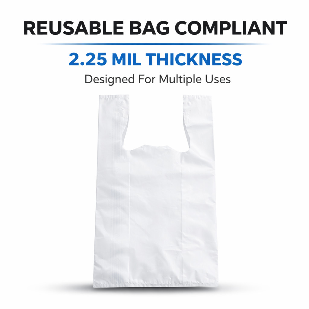 2.25 Mil Reusable Grocery White T-Shirt Bags 12x7x20 Extra Heavy Duty