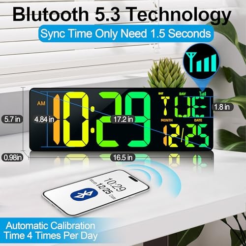 Large Digital Wall Clock 17.2" Bluetooth Auto 11 Colors Bluetooth Time Sync
