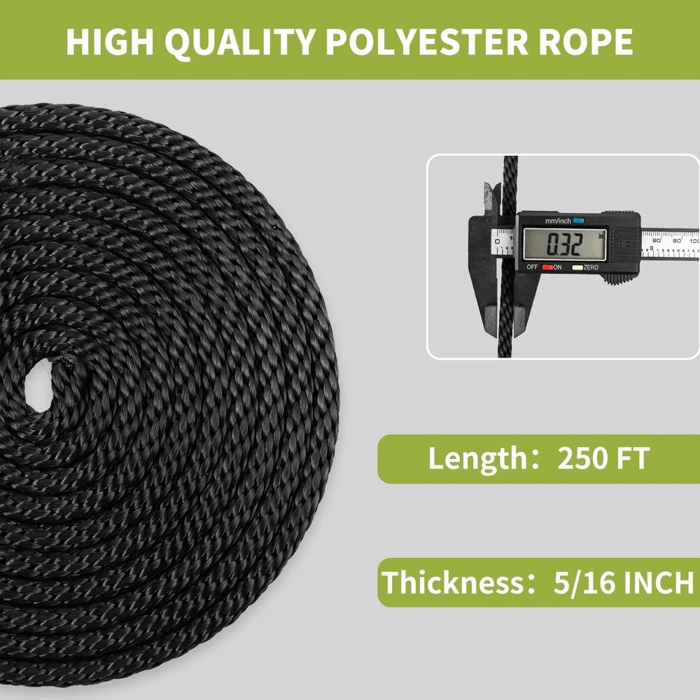 5/16 250ft Black Polyester Solid Braid Rope