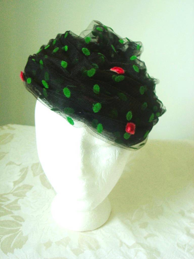 Vintage Hat With Black Black Netting Green Leaves Fuchsia Chenille Flowers KJ