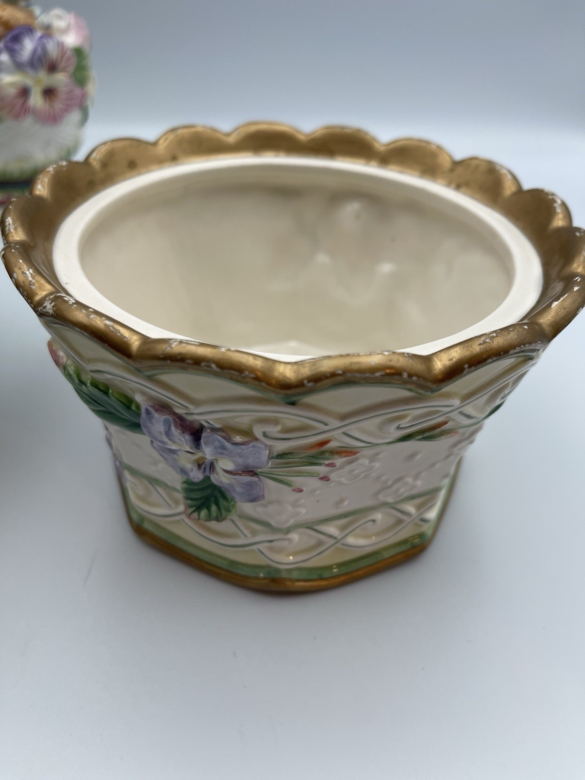 Fitz & Floyd Halcyon Bunny Teapot Sugar Jar Planter Set Easter Spring Floral