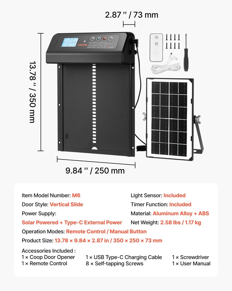 VEVOR DC & Battery Powered Automatic Chicken Coop Door Opener Light Sensor Timer