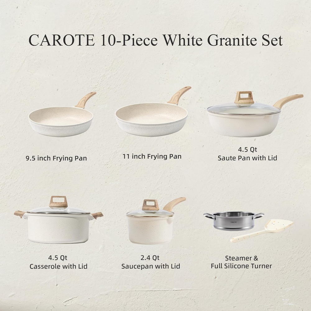 Pots and Pans Set Nonstick White Granite Induction Kitchen Cookware Set 10 Pcs
