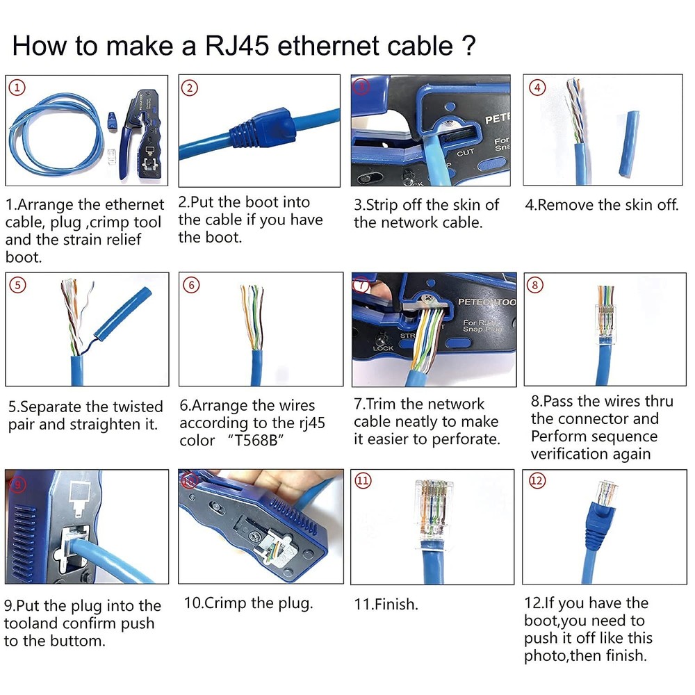 PETECHTOOL RJ45 Crimp Tool All-in-one Crimping tool Ethernet Wire Crimper Str...