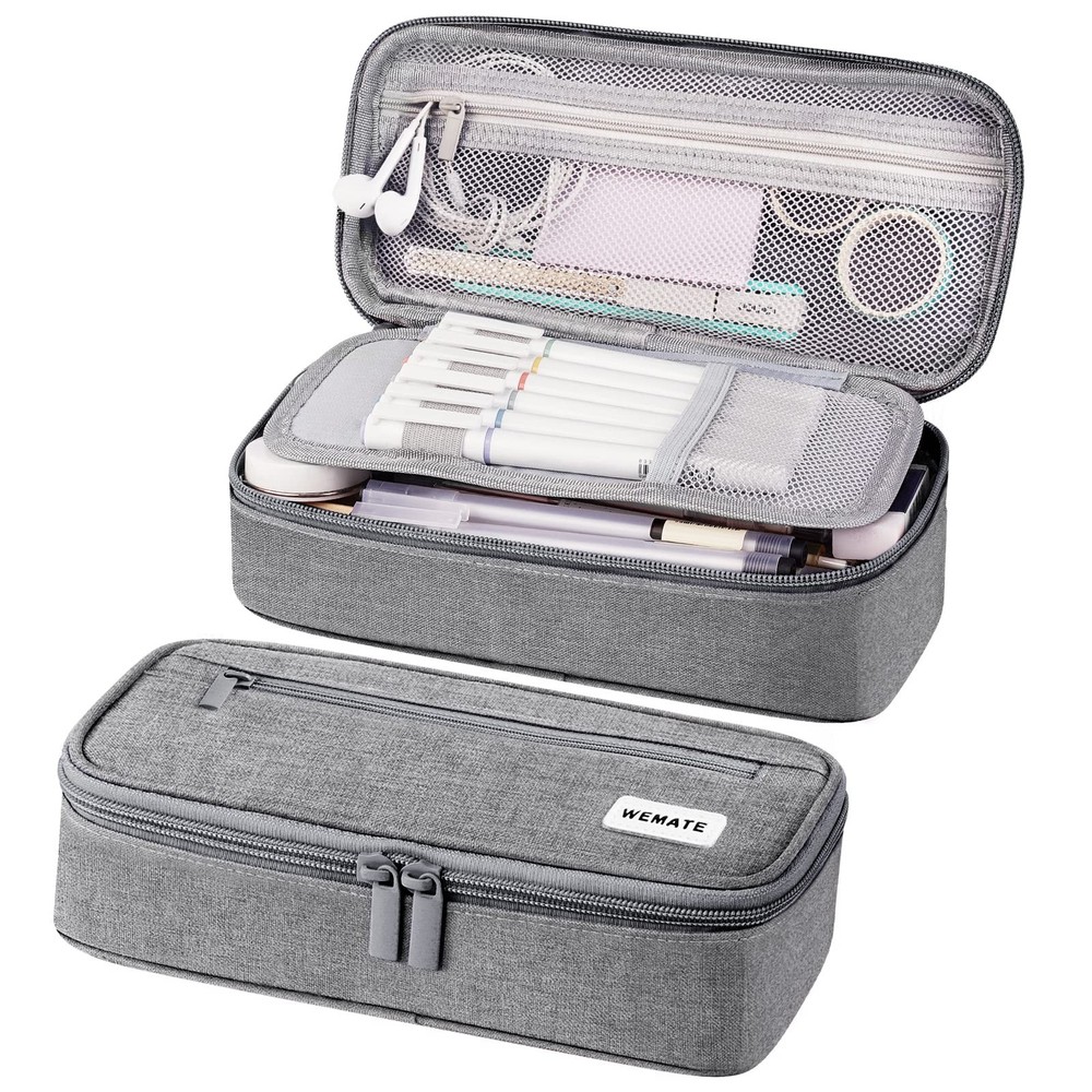 WEMATE Large Pencil Case, Pouch with Zipper Compartments, Light Grey