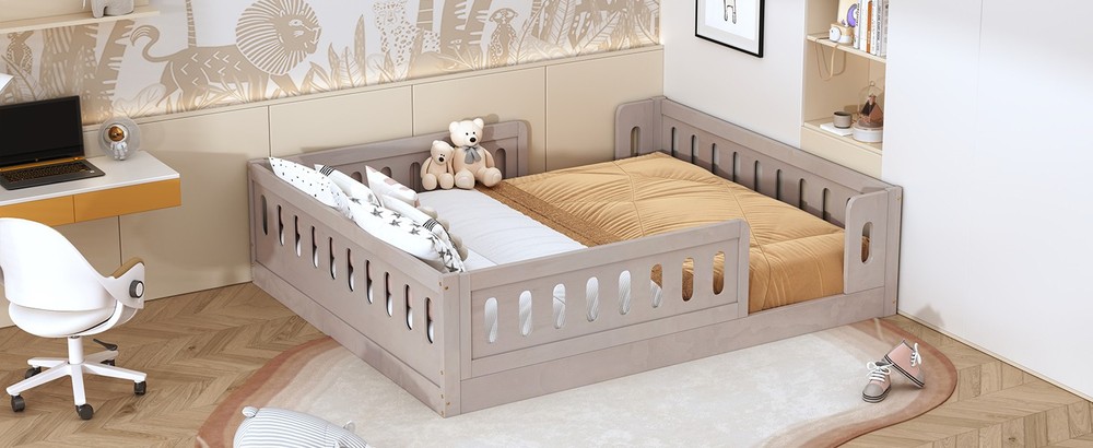 Wood Full Size Platform Bed with Guardrail, Natural