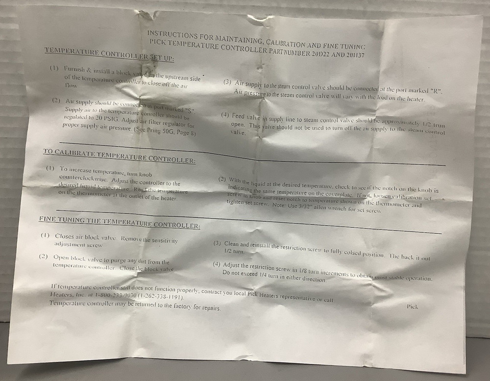 Pick Heaters 20D22 Pneumatic Temperature Controller (B669)