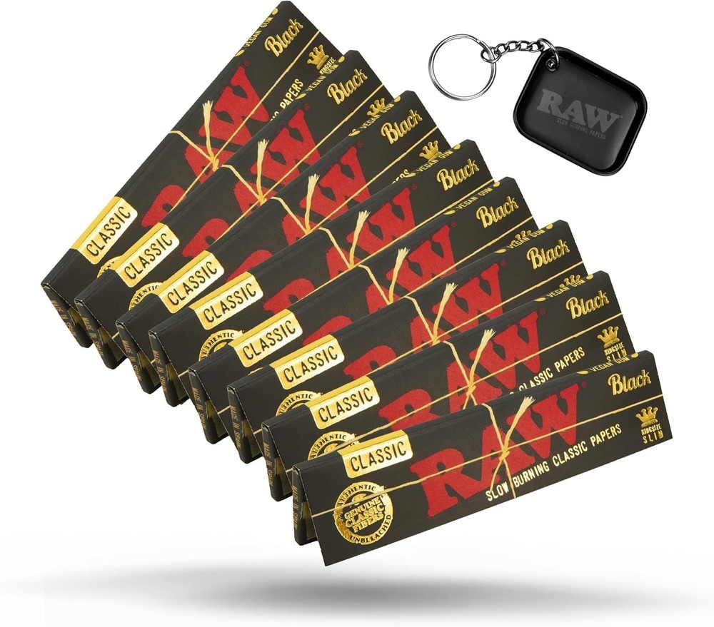 RAW Black King Size Slim Rolling Papers 8 Pack + RAW Black Keychain