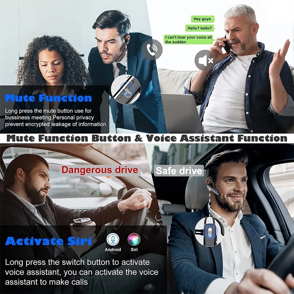 Wireless Bluetooth Headset Rechargeable With Voice Command Noise Cancelling Mic