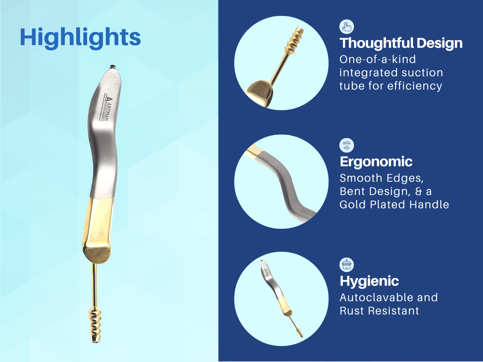 Minnesota Cheek Retractor with Suction Gold Plated Surgical Dental ARTMAN