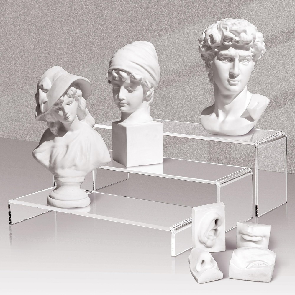 2 Set Large Acrylic Clear Display Risers, 3 Sizes 12" Rectangular Showcase Co...