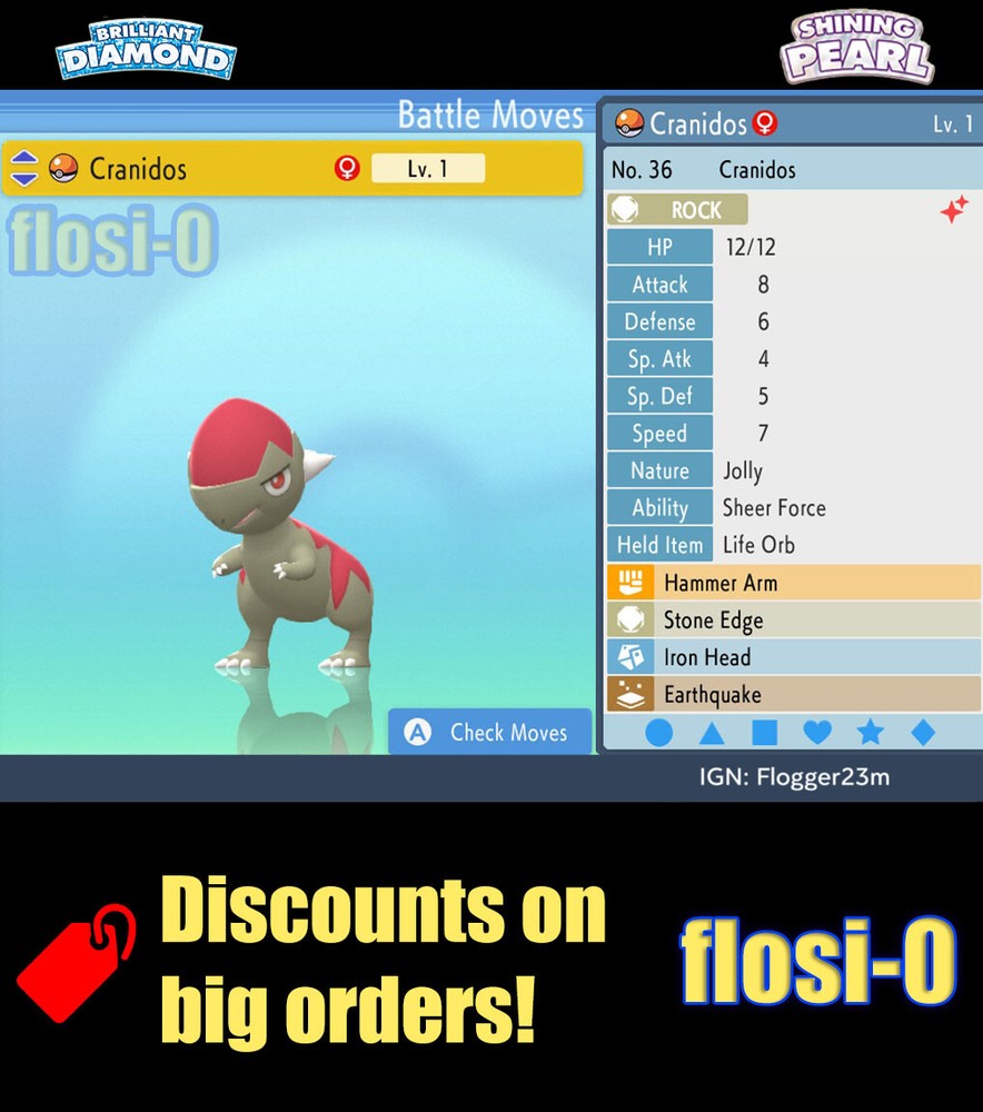 6IV Shiny Cranidos Pokemon Brilliant Diamond and Shining Pearl