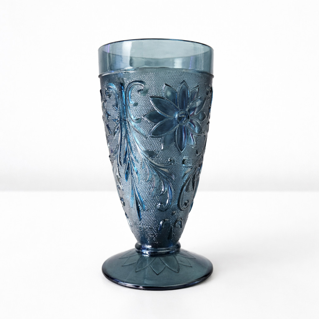 Indiana Glass Tiara Sandwich Bicentennial Colonial Blue Iced Tea Footed Tumbler