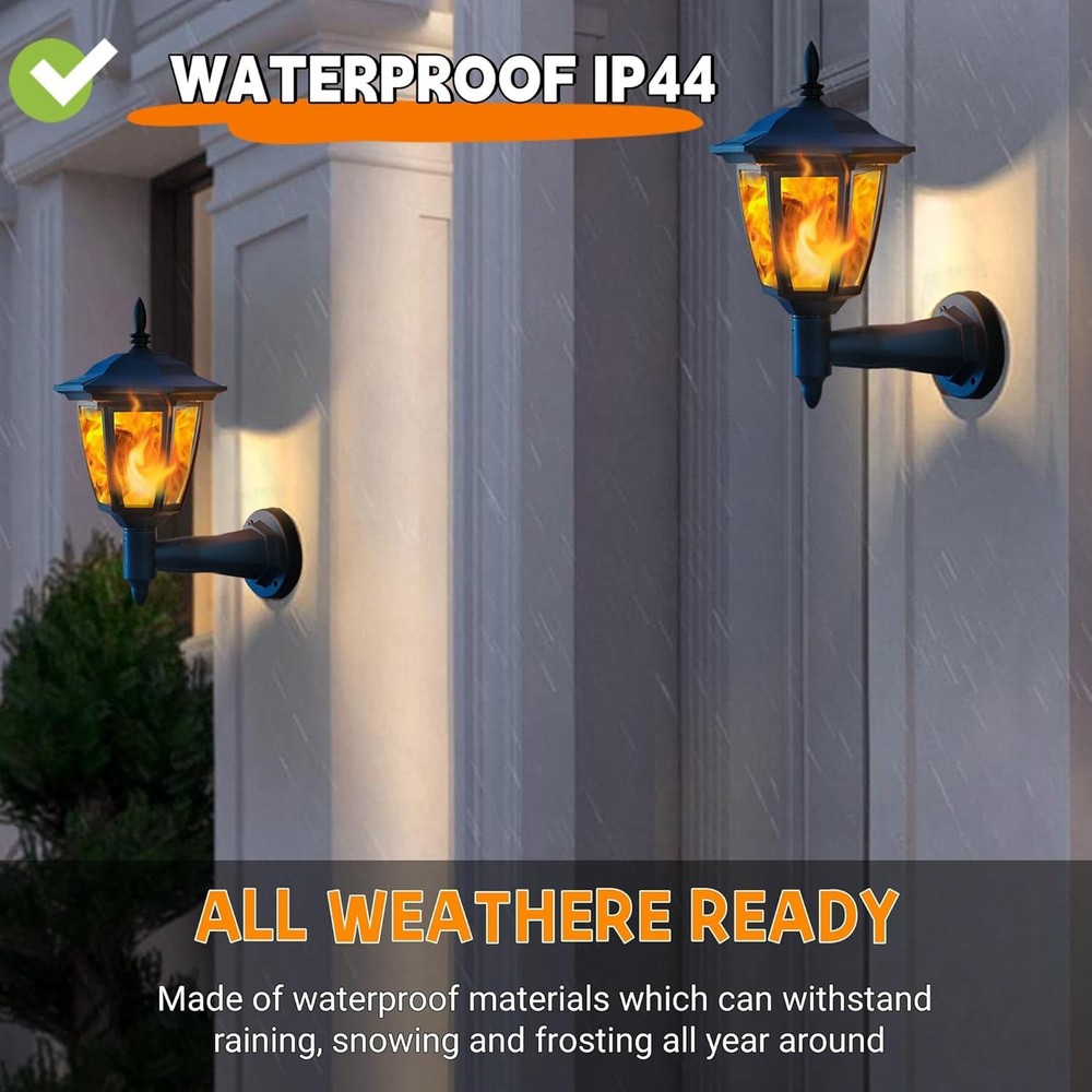 Dynaming 2 Pack Solar Flame Wall Lanterns Outdoor, Solar Powered Wall Mounted Sc