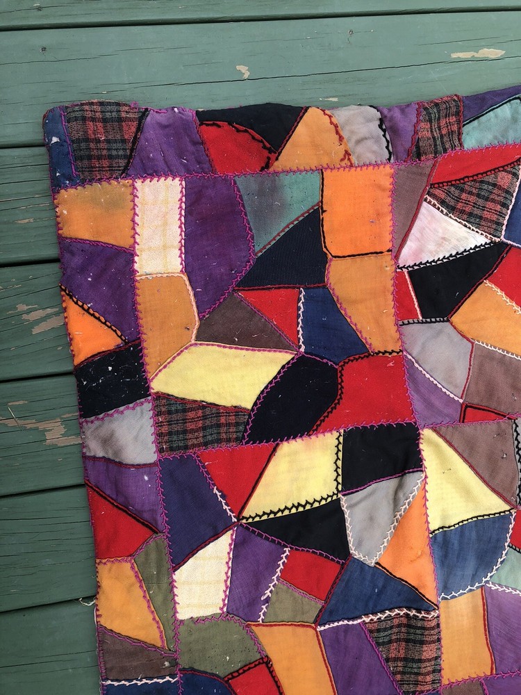ANTIQUE VINTAGE ORIGINAL HANDMADE PATCHWORK CRAZY QUILT