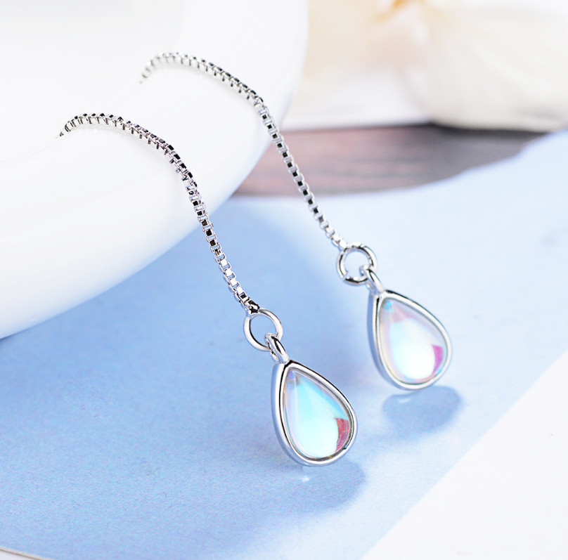 925 Silver Plated Opal Teardrop Ear Chain Thread Through Threader Earrings P1