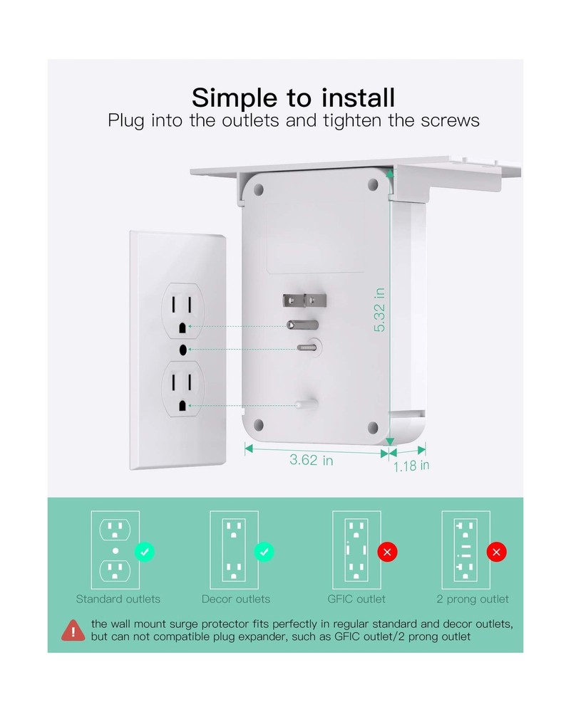 Wall Outlet Extender - Surge Protector 6 AC Outlets Multi Plug Outlet with Sh...