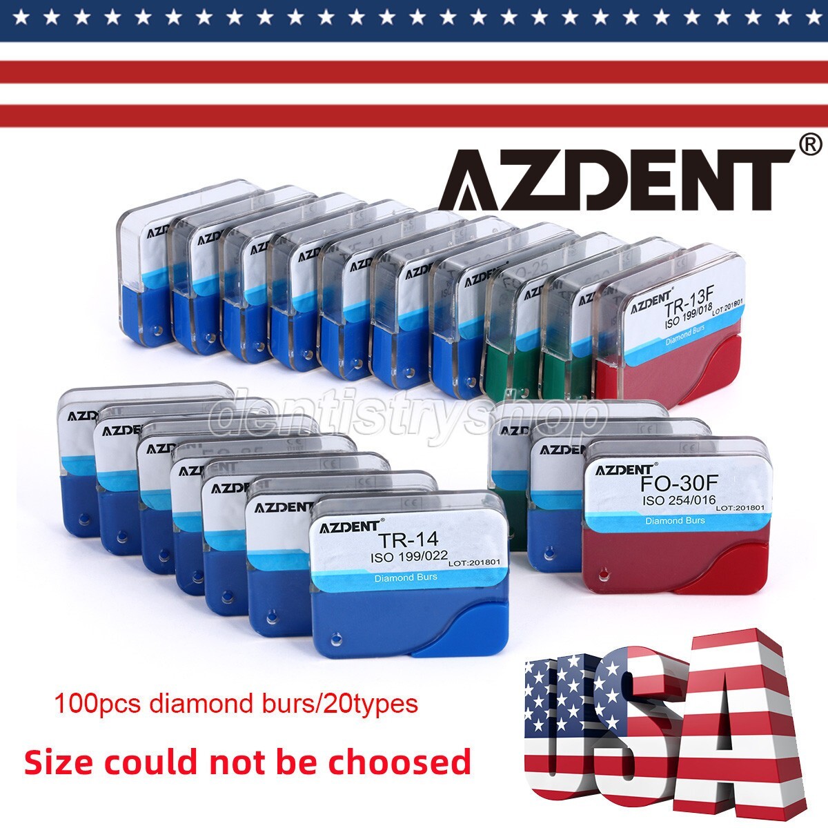 100Pcs AZDENT Dental Diamond Burs High Speed Handpiece Friction Grip 20 Types